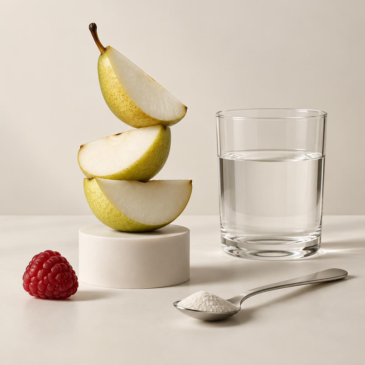 Composition éditoriale avec une poire sculpturale, un verre d’eau et une cuillère de poudre ; illustration, pas une recommandation de complément.