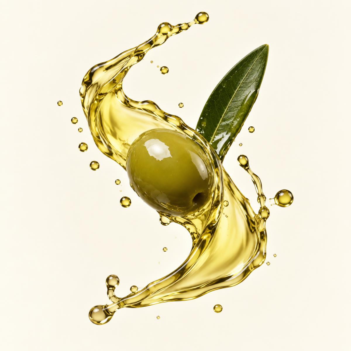 Olive et feuille entourées d’un mouvement sculptural d’huile dorée sur fond clair.