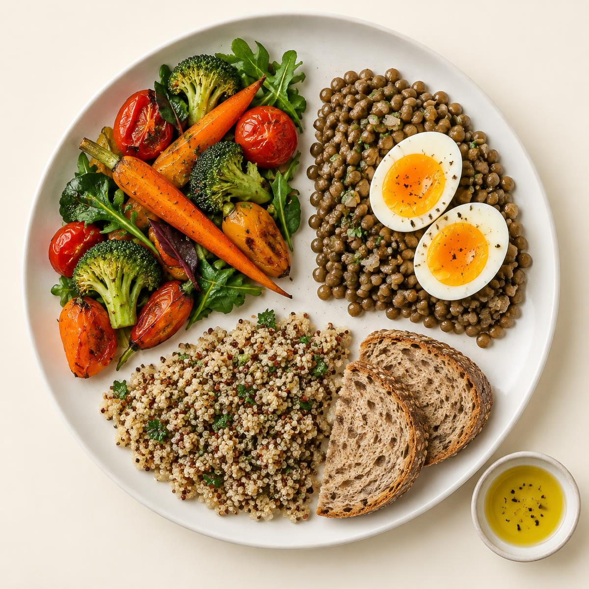 Assiette composée de légumes, lentilles et œuf, quinoa et pain complet, avec une coupelle d’huile : exemple indicatif, sans proportions prescrites.