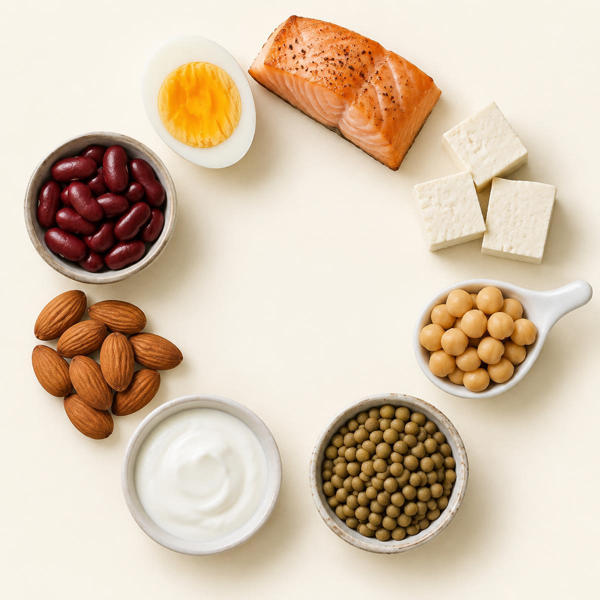 Huit aliments en cercle : œuf, saumon, tofu, pois chiches, lentilles, yaourt, amandes et haricots rouges.