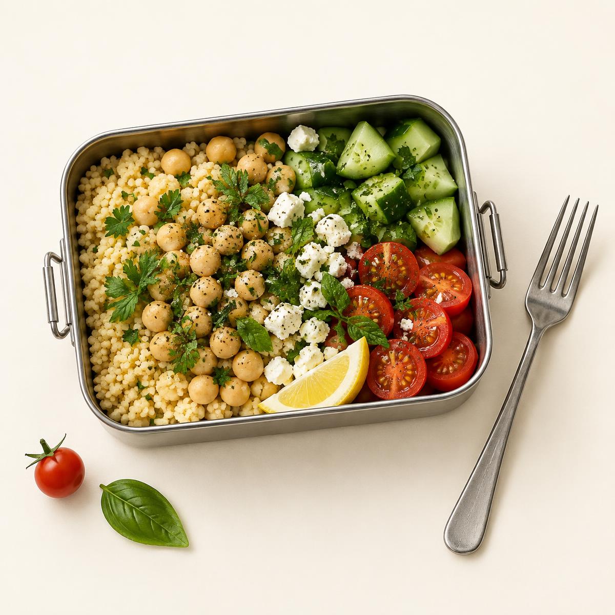 Boîte repas contenant semoule, pois chiches, concombre, tomates, herbes et citron.